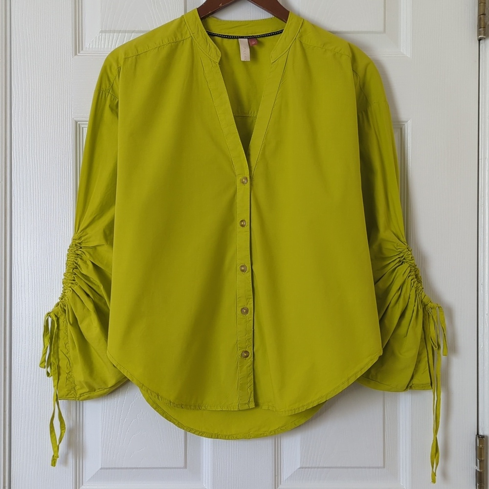 Pilcro Anthropologie Drawstring Poplin Oversized Button Down Shirt Chartreuse S